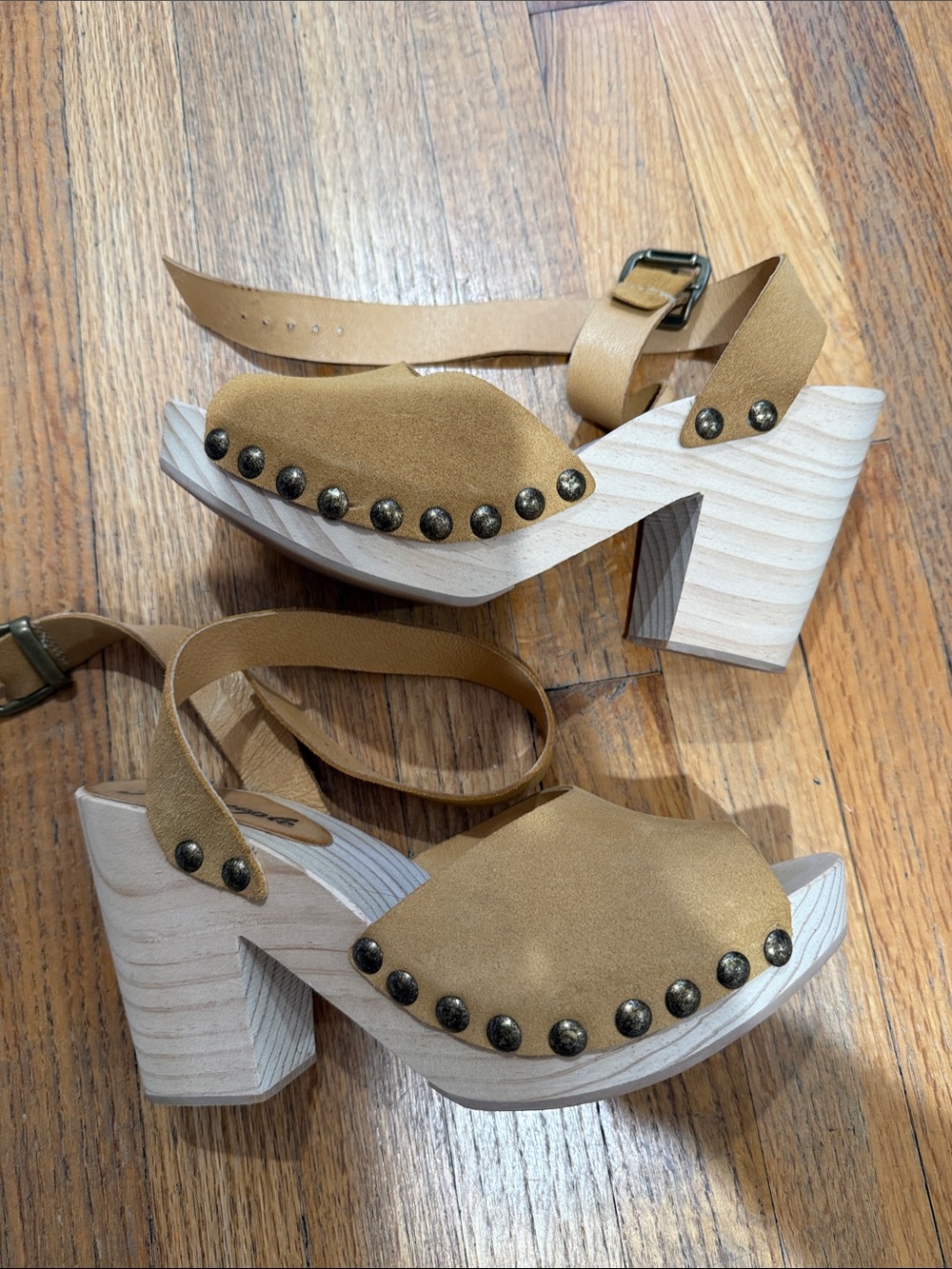 Free People Tan Suede Crisscross Wedge Sandals with Buckle